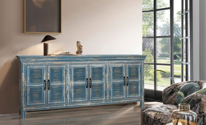 GINER Y COLOMER Buffet artisanal 6 portes bleu en bois de manguier GINER Y COLOMER Buffet artisanal 6 portes bleu en bois de manguier