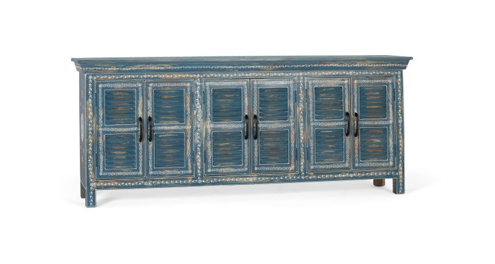 GINER Y COLOMER Buffet artisanal 6 portes bleu en bois de manguier GINER Y COLOMER Buffet artisanal 6 portes bleu en bois de manguier