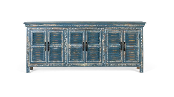 GINER Y COLOMER Buffet artisanal 6 portes bleu en bois de manguier GINER Y COLOMER Buffet artisanal 6 portes bleu en bois de manguier