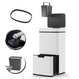 Kitchen Move Poubelle de cuisine automatique NARVIK 75L avec double compartiment tri sélectif et ouverture sans contact + poubelle de table 3L - Blanc