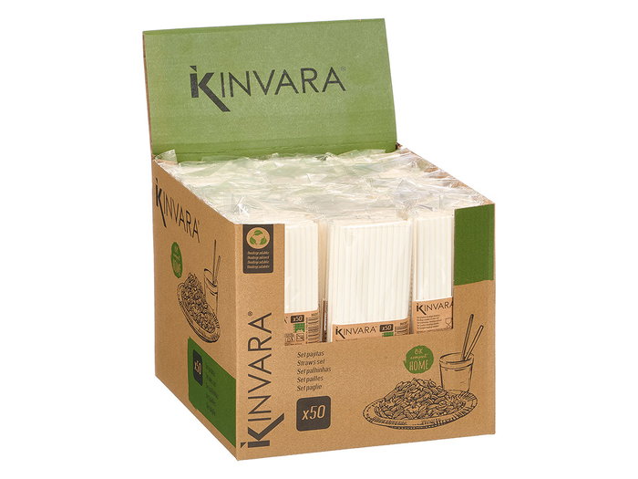 KINVARA Set de 50 pailles en papier blanc avec présentoir