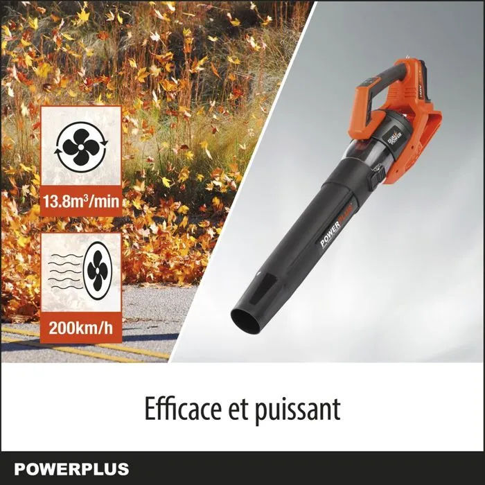 Powerplus Souffleur sur batterie 40 V, vitesse d'air 200 km/h, volume d'air 13.8 m³/min, sans batterie ni chargeur, orange/noir Powerplus Souffleur sur batterie 40 V, vitesse d'air 200 km/h, volume d'air 13.8 m³/min, sans batterie ni chargeur, orange/noir