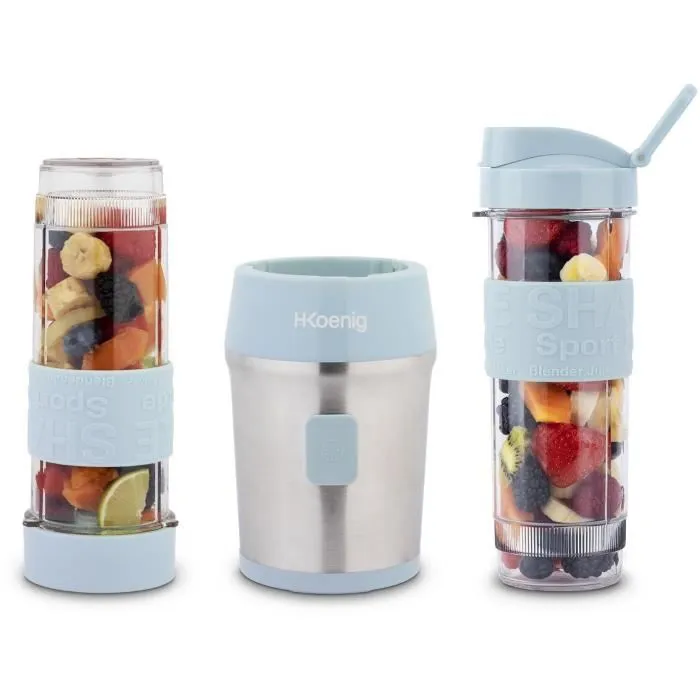 H.Koenig Mini Blender SMOO16 - 300 W, 570 mL, Bleu pastel, 2 gourdes incluses, Sans BPA, Corps en acier inoxydable