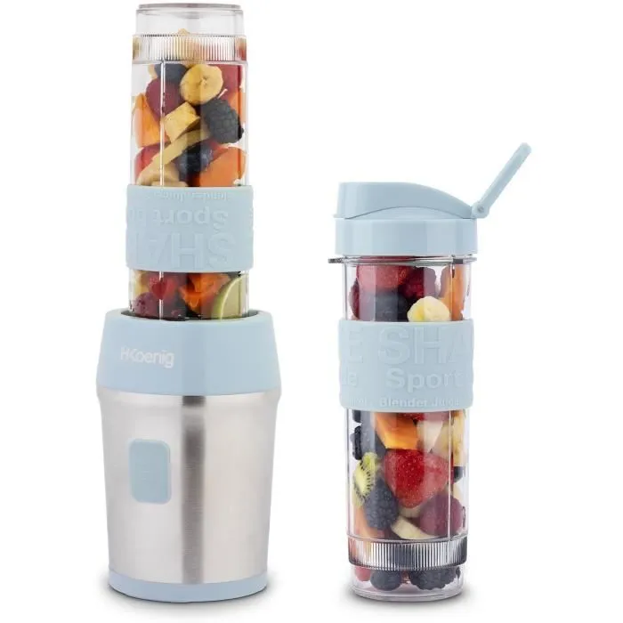 H.Koenig Mini Blender SMOO16 - 300 W, 570 mL, Bleu pastel, 2 gourdes incluses, Sans BPA, Corps en acier inoxydable