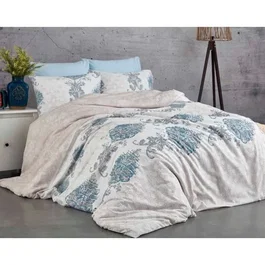 Parure de lit 100% coton renforcé, 1 housse de couette 240 x 220 cm et 2 taies d'oreiller 60 x 60 cm, bleu gris blanc, fermeture boutons et enveloppe