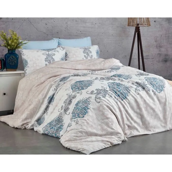 Parure de lit 100% coton renforcé, 1 housse de couette 240 x 220 cm et 2 taies d'oreiller 60 x 60 cm, bleu gris blanc, fermeture boutons et enveloppe Parure de lit 100% coton renforcé, 1 housse de couette 240 x 220 cm et 2 taies d'oreiller 60 x 60 cm, bleu gris blanc, fermeture boutons et enveloppe