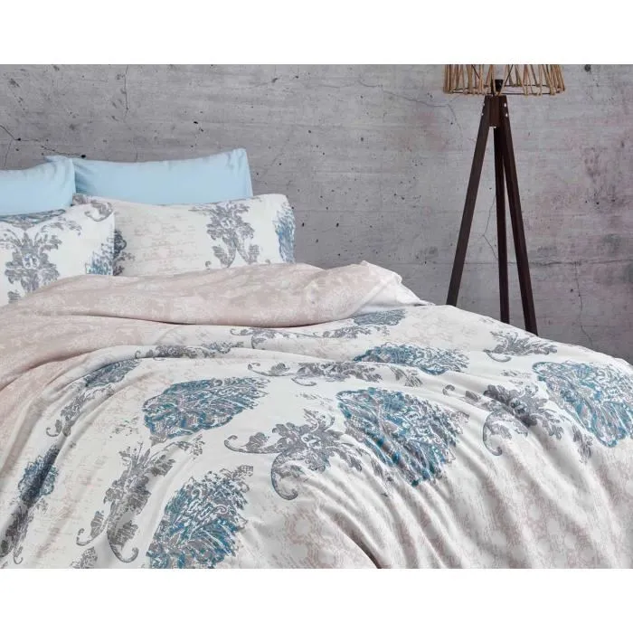 Parure de lit 100% coton renforcé, 1 housse de couette 240 x 220 cm et 2 taies d'oreiller 60 x 60 cm, bleu gris blanc, fermeture boutons et enveloppe Parure de lit 100% coton renforcé, 1 housse de couette 240 x 220 cm et 2 taies d'oreiller 60 x 60 cm, bleu gris blanc, fermeture boutons et enveloppe