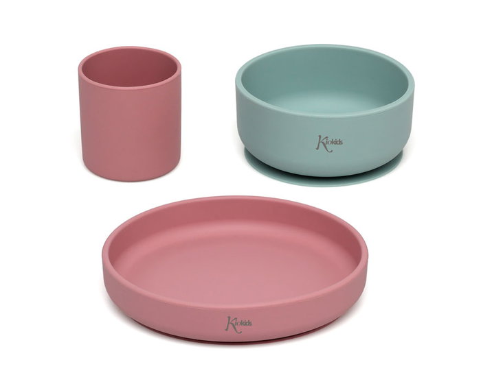 KioKids Set Vaisselle Bébé 3 Pièces en Silicone Alimentaire avec Ventouses - Bol, Assiette, Verre - Adapté BLW - Pour +6 Mois - Rose et Vert