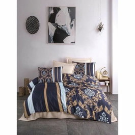 BigBuy Home Parure de lit King Size 3 Pièces Bleu, Or et Blanc avec Impression 3D