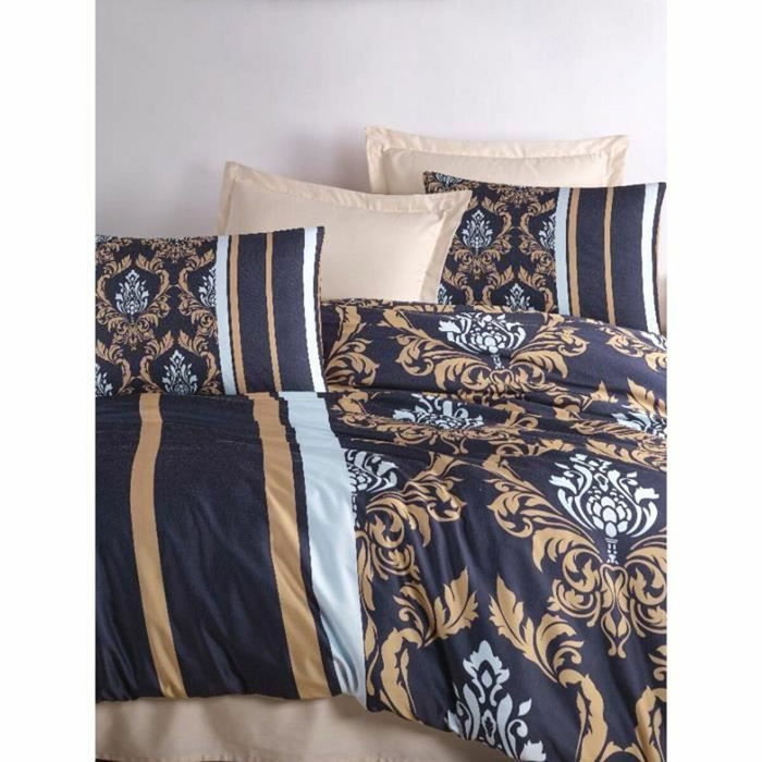 BigBuy Home Parure de lit King Size 3 Pièces Bleu, Or et Blanc avec Impression 3D
