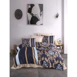 Parure de lit 3D Bleu, Or et Blanc - Housse de couette 220 x 240 cm + 2 taies d'oreiller 60 x 60 cm - Microsatin 100% polyester recto et coton 140 TC verso