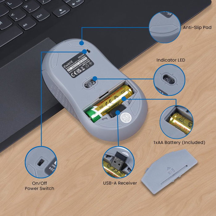 Ewent EW3204 Souris sans fil optique 1600 DPI 6 boutons noir et gris
