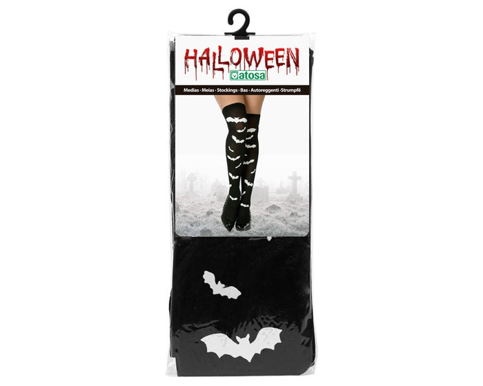Chaussettes pour femme, noires avec motif de chauves-souris blanques, pour adulte, pour Halloween ou soirée gothique