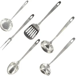 Fackelmann Oxford Ensemble de 6 ustensiles de cuisine en inox: écumoire, fourchette à viande, pelle, cuillère à servir, louche et cuillère à sauce (28-32 cm)