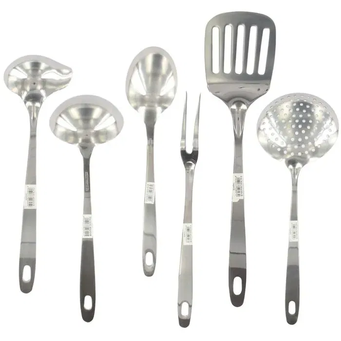 Fackelmann Oxford Ensemble de 6 ustensiles de cuisine en inox: écumoire, fourchette à viande, pelle, cuillère à servir, louche et cuillère à sauce (28-32 cm)