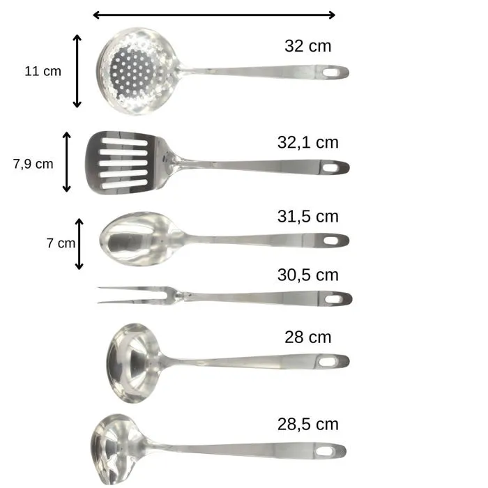 Fackelmann Oxford Ensemble de 6 ustensiles de cuisine en inox: écumoire, fourchette à viande, pelle, cuillère à servir, louche et cuillère à sauce (28-32 cm)
