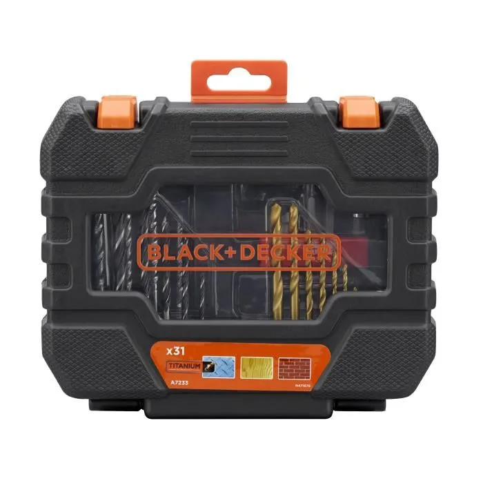 BLACK+DECKER Coffret Perçage et Vissage A7233-XJ - 31 Accessoires Inclus: Forets Bois, Béton, HSS-TiN et Embouts