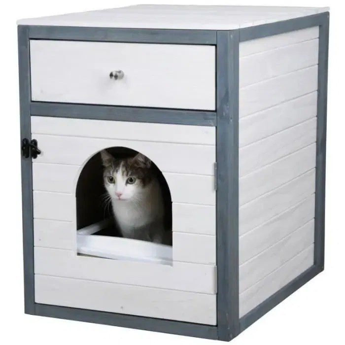 Kerbl Maison de toilette pour chat IDA - Bac à litière avec tiroir de rangement - 58 x 45 x 60 cm, entrée 10,5 cm - Blanc et bleu