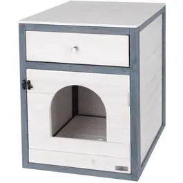 Kerbl Maison de toilette pour chat IDA - Bac à litière avec tiroir de rangement - 58 x 45 x 60 cm, entrée 10,5 cm - Blanc et bleu