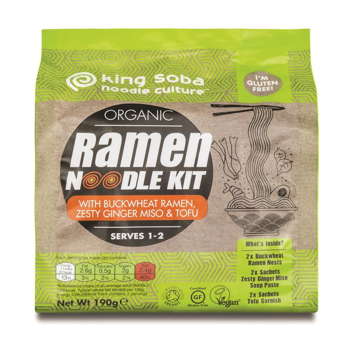 King Soba Kit de nouilles ramen sarrasin, gingembre, miso et tofu King Soba Kit de nouilles ramen sarrasin, gingembre, miso et tofu
