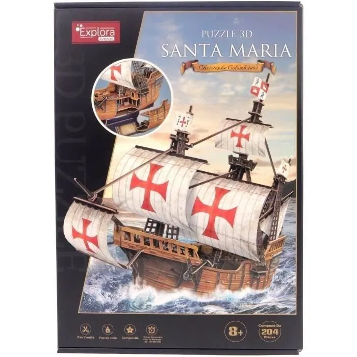 Explora Puzzle 3D Bateau Santa Maria 204 Pièces, Maquette à Construire Jeu Éducatif sans Colle, Dimensions 58 cm, Idéal Enfant à Partir de 8 Ans