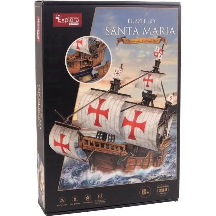 Explora Puzzle 3D Bateau Santa Maria 204 Pièces, Maquette à Construire Jeu Éducatif sans Colle, Dimensions 58 cm, Idéal Enfant à Partir de 8 Ans