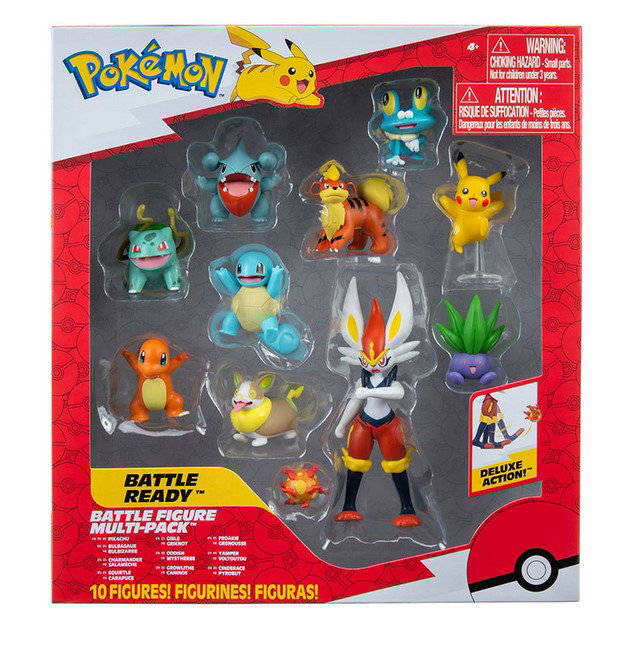 Jazwares Figurines Pokemon Multipack 10 – Set de 9 figurines de 5 cm + Cinderace articulé, Pikachu, Squirtle