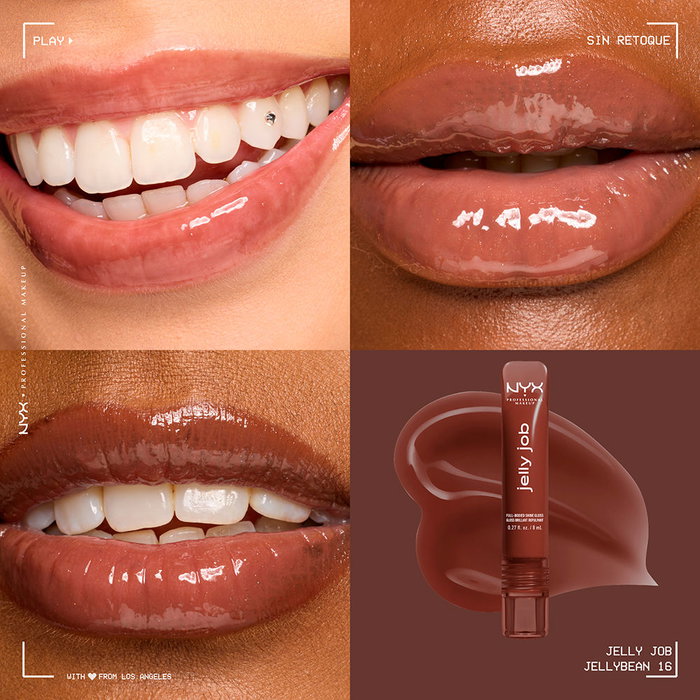 NYX Professional Makeup Gloss à lèvres volumisant et brillant JELLY JOB #Jellybean - Applicateur spatule, 16 nuances, hydratant à l'huile de cerise - 1 unité