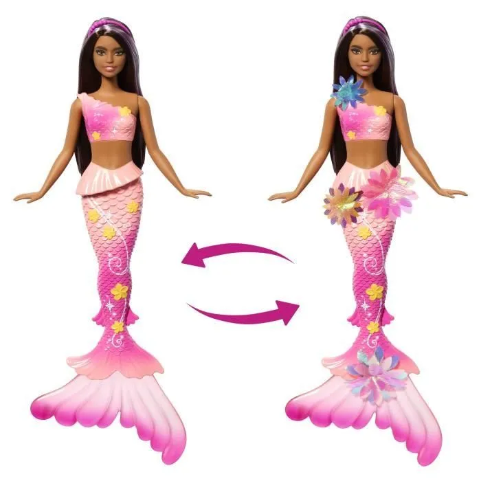 Barbie JDM73 Poupée sirène fleur magique - Aux longs cheveux bruns avec paillettes - Fleurs irisées qui éclosent - Jouet pour bain