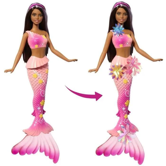 Barbie JDM73 Poupée sirène fleur magique - Aux longs cheveux bruns avec paillettes - Fleurs irisées qui éclosent - Jouet pour bain