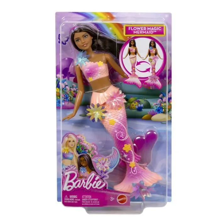 Barbie JDM73 Poupée sirène fleur magique - Aux longs cheveux bruns avec paillettes - Fleurs irisées qui éclosent - Jouet pour bain