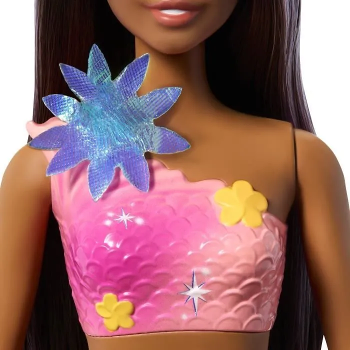 Barbie JDM73 Poupée sirène fleur magique - Aux longs cheveux bruns avec paillettes - Fleurs irisées qui éclosent - Jouet pour bain