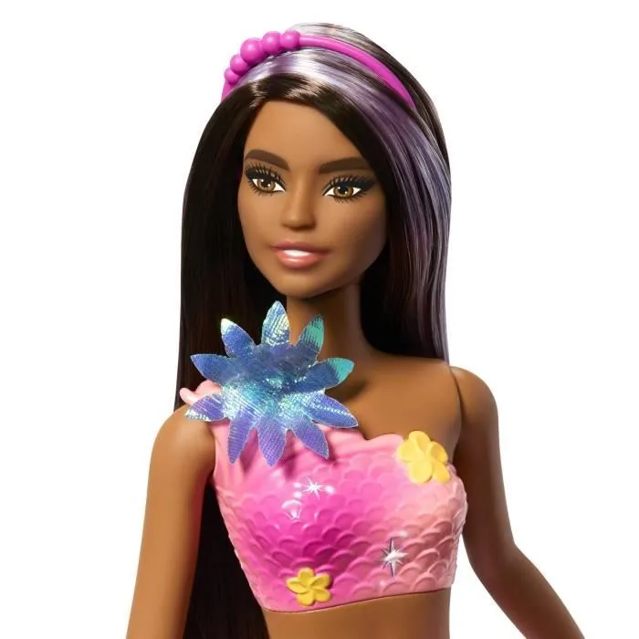 Barbie JDM73 Poupée sirène fleur magique - Aux longs cheveux bruns avec paillettes - Fleurs irisées qui éclosent - Jouet pour bain