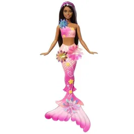 Barbie JDM73 Poupée sirène fleur magique - Aux longs cheveux bruns avec paillettes - Fleurs irisées qui éclosent - Jouet pour bain