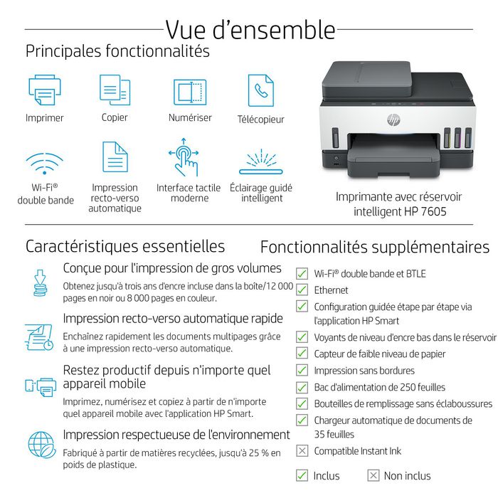 HP Smart Tank 7605 - Imprimante tout-en-1 Multifonction WiFi avec Chargeur Automatique de Documents, Impression Recto-Verso