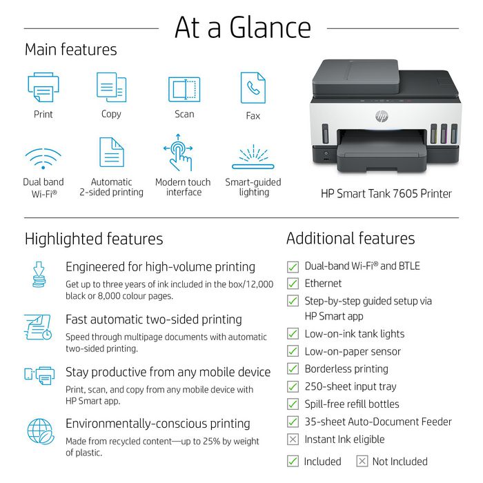 HP Smart Tank 7605 - Imprimante tout-en-1 Multifonction WiFi avec Chargeur Automatique de Documents, Impression Recto-Verso