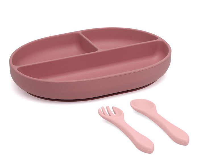KioKids Set d'assiette de sevrage BLW en silicone avec ventouse et couverts, 3 compartiments, couleur rose, pour bébé +6 mois