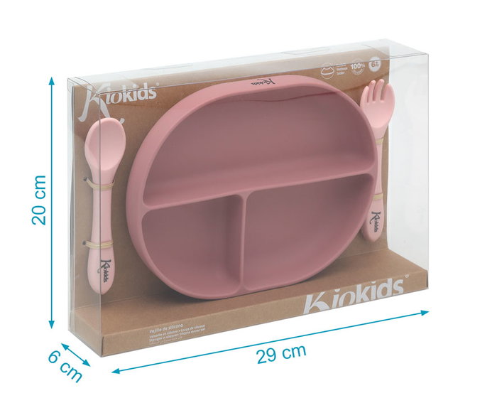 KioKids Set d'assiette de sevrage BLW en silicone avec ventouse et couverts, 3 compartiments, couleur rose, pour bébé +6 mois