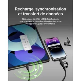 Belkin Câble USB-C et Lightning Noir 2-en-1 - Recharge Apple et USB-C avec un seul câble