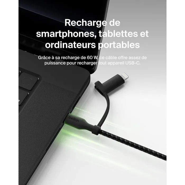 Belkin Câble USB-C et Lightning Noir 2-en-1 - Recharge Apple et USB-C avec un seul câble