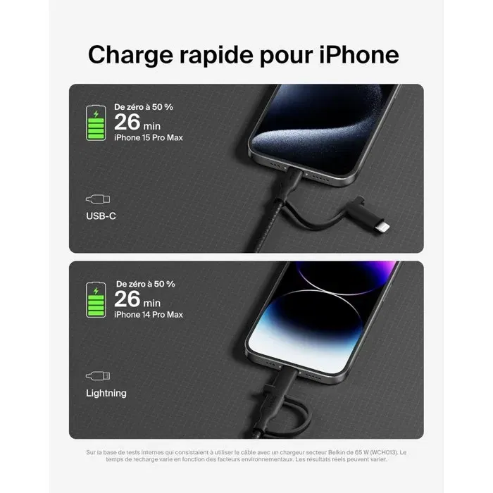 Belkin Câble USB-C et Lightning Noir 2-en-1 - Recharge Apple et USB-C avec un seul câble