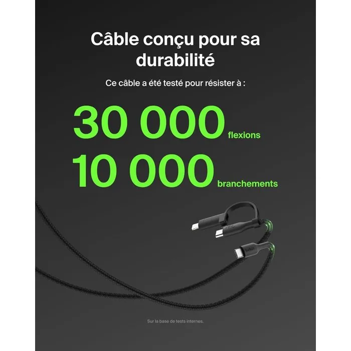 Belkin Câble USB-C et Lightning Noir 2-en-1 - Recharge Apple et USB-C avec un seul câble