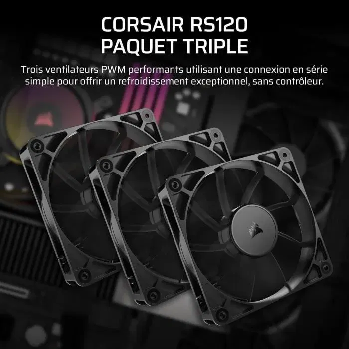 Corsair RS120 Pack de 3 ventilateurs 120 mm PWM, 10-36 dB(A), 13.3-72.8 CFM pour refroidissement PC silencieux
