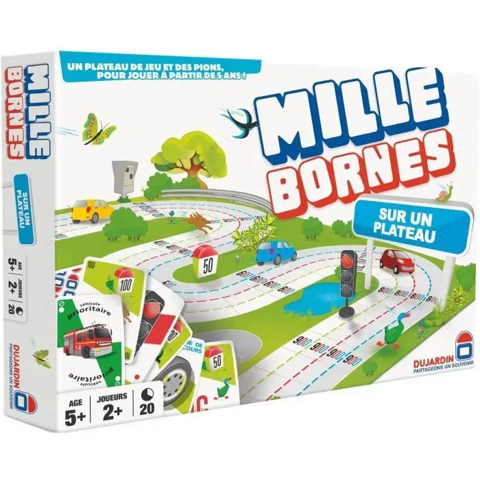 Dujardin Milles Bornes - Jeu de plateau familial classique avec plateau 3D, voitures et cartes attaque - Edition Grand Classique