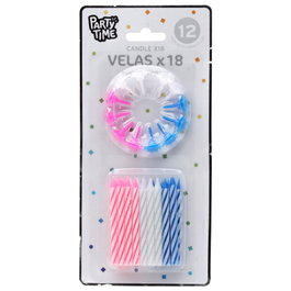 Party Time Lot de 18 bougies avec 12 bases bleu, rose et blanc
