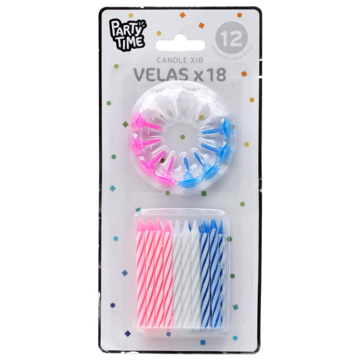 Party Time Lot de 18 bougies avec 12 bases bleu, rose et blanc Party Time Lot de 18 bougies avec 12 bases bleu, rose et blanc