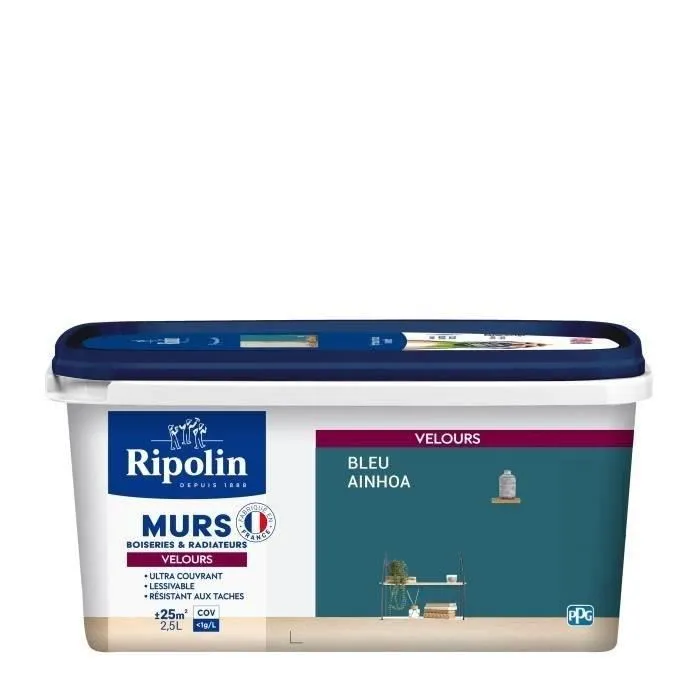 Ripolin - Peinture Couleur Velours pour Murs, Boiseries et Radiateurs - Haute Opacité, Aspect Soyeux, Lessivable A+ - Intérieur Bleu Ainhoa
