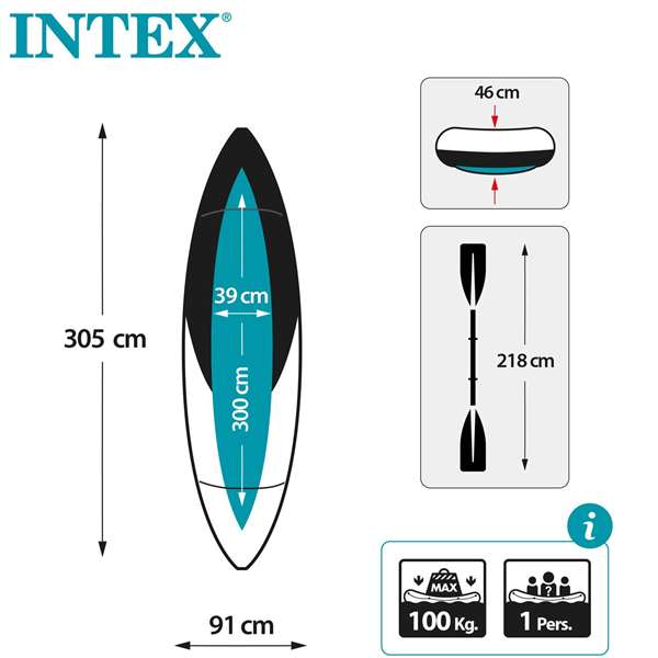 Intex Kayak Excursion Pro 305 cm, Kayak Gonflable Adulte, Pagaie en Aluminium et Pompe Incluses - PVC - Longueur 305 cm, Largeur 91 cm, Hauteur 46 cm