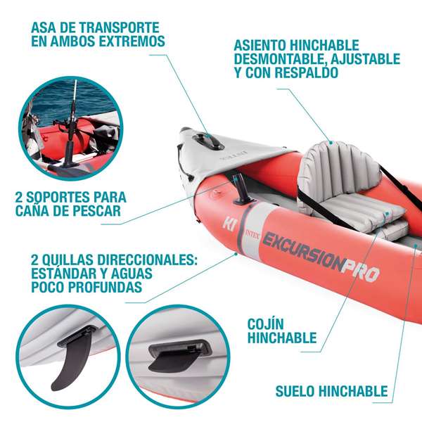Intex Kayak Excursion Pro 305 cm, Kayak Gonflable Adulte, Pagaie en Aluminium et Pompe Incluses - PVC - Longueur 305 cm, Largeur 91 cm, Hauteur 46 cm