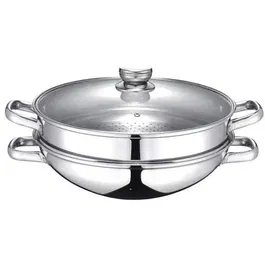 Baumalu - Wok 2-en-1 avec légumier et panier vapeur - Acier inoxydable, couvercle verre - 32 cm - Compatible tous feux et induction